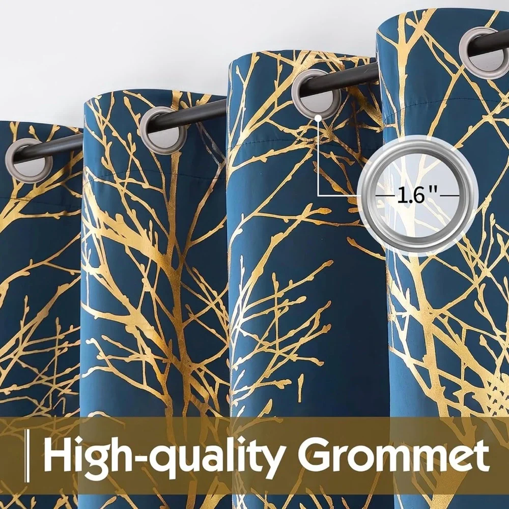 Dark Blue & Gold Foil Branch Window Curtains